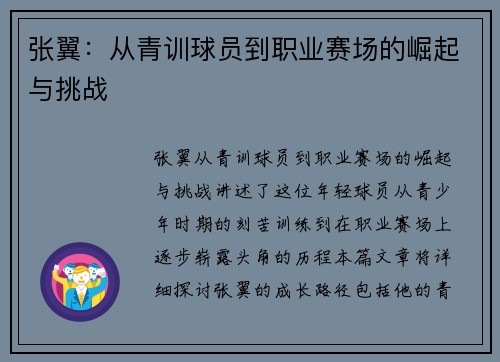 张翼：从青训球员到职业赛场的崛起与挑战