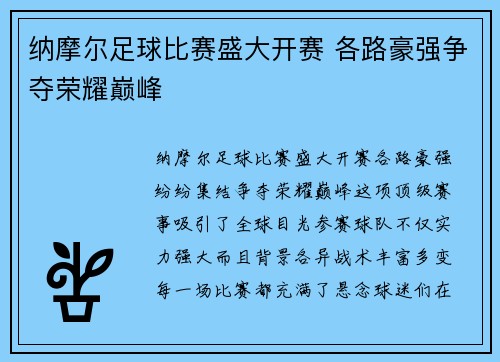 纳摩尔足球比赛盛大开赛 各路豪强争夺荣耀巅峰
