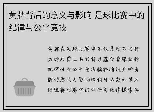 黄牌背后的意义与影响 足球比赛中的纪律与公平竞技