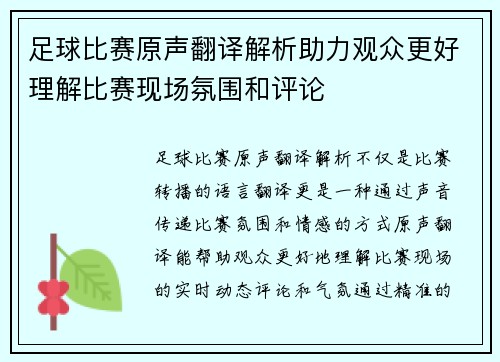 足球比赛原声翻译解析助力观众更好理解比赛现场氛围和评论