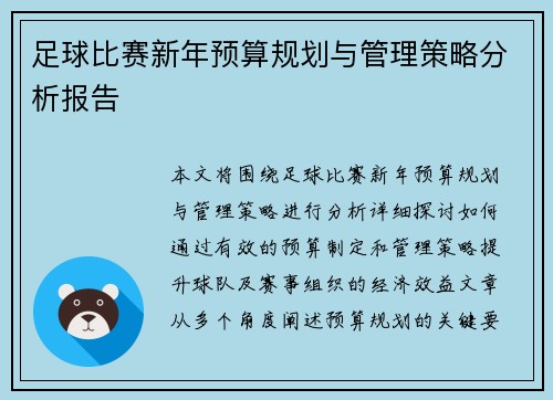 足球比赛新年预算规划与管理策略分析报告