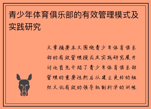 青少年体育俱乐部的有效管理模式及实践研究